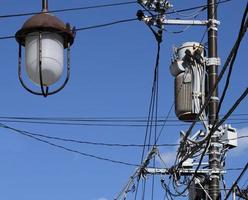 Power lines in Japan against the blue sky photo