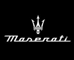 maserati símbolo marca logo con nombre blanco diseño italiano coche automóvil vector ilustración con negro antecedentes