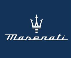 Maserati Symbol Brand Logo With Name White Design Italian Car Automobile Vector Illustration With Blue Background