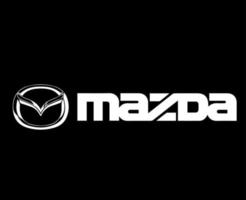 mazda marca logo símbolo con nombre blanco diseño Japón coche automóvil vector ilustración con negro antecedentes