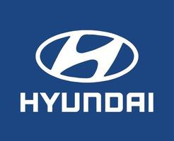 Hyundai Logo Brand Symbol With Name White Design South Korean Car Automobile Vector Illustration With Blue Background