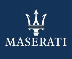 Maserati Brand Logo Car Symbol With Name White Design Italian Automobile Vector Illustration With Blue Background