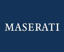 Maserati Logo Brand Symbol Name White Design Italian Car Automobile Vector Illustration With Blue Background