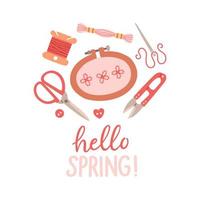 Hello Spring hand drawn vector illustration. Lettering spring season with embroidery leaves flowers for greeting card.