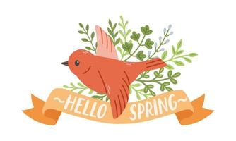 Spring label with season quotes, bird, ribbon. Hand drawn spring vector illustration.