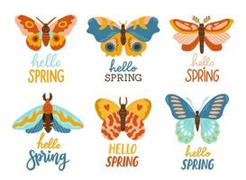 Hola primavera mano dibujado conjunto plano vector ilustración. letras primavera temporada con mariposa para saludo tarjeta