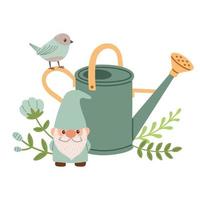 Spring mood greeting card template. Welcome spring season invitation. Minimalist postcard with leaves, watering can. vector