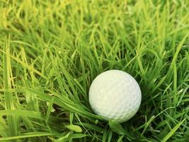 Golf ball close up on green grass on blurred beautiful landscape of golf course with sunrise,sunset time on background.Concept international sport that rely on precision skills for health relaxation. photo