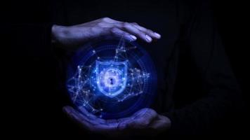 Person hold the key lock icon protecting personal information ,online financial transactions, secure access to computer networks and digital systems. Customer Data Protection cyber security.. photo