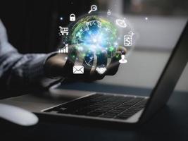 Businessman holding a virtual screen world with virtual Global Internet connection. Digital marketing and global internet connection application technology, Digital link tech,Financial daily life. photo