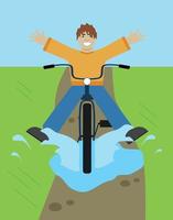 joyful guy rides a bike through a puddle on a spring day vector