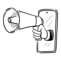 businessman hand holding megaphone through smartphone screen vector