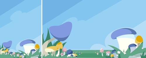 Mushroom meadow with blue sky. Natural scenery in different formats. vector