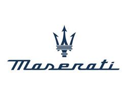 maserati símbolo marca logo con nombre azul diseño italiano coche automóvil vector ilustración