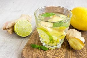 Ginger ale soda with lemon, mint, ginger and ice over rustic wooden background photo