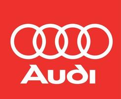 Audi Brand Symbol Logo With Name White Design german cars Automobile Vector Illustration With Red Background