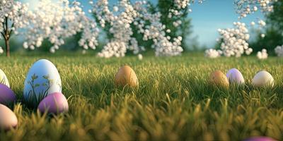 Easter background with decorated Easter eggs on a green meadow in the spring season. photo