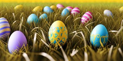 Easter background with decorated Easter eggs on a green meadow in the spring season. photo