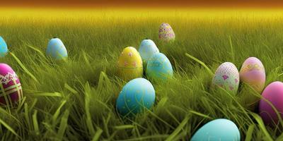 Easter background with decorated Easter eggs on a green meadow in the spring season. photo