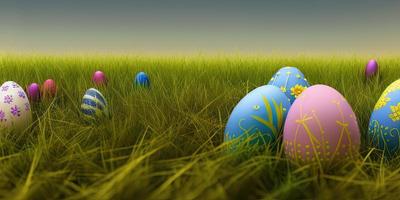 Easter background with decorated Easter eggs on a green meadow in the spring season. photo