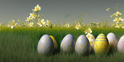 Easter background with decorated Easter eggs on a green meadow in the spring season. photo