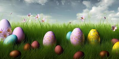 Easter background with decorated Easter eggs on a green meadow in the spring season. photo