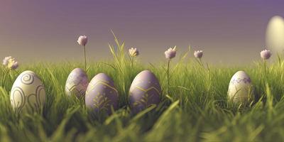 Easter background with decorated Easter eggs on a green meadow in the spring season. photo