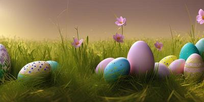 Easter background with decorated Easter eggs on a green meadow in the spring season. photo