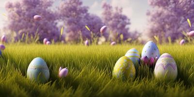 Easter background with decorated Easter eggs on a green meadow in the spring season. photo