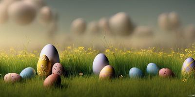 Easter background with decorated Easter eggs on a green meadow in the spring season. photo