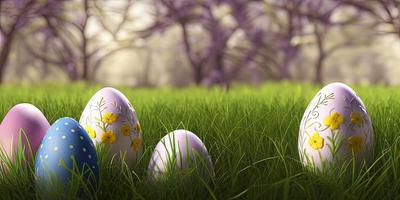 Easter background with decorated Easter eggs on a green meadow in the spring season. photo