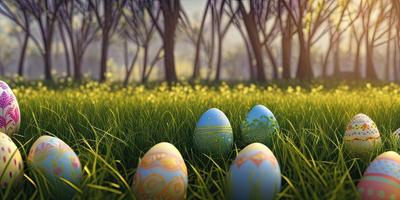 Easter background with decorated Easter eggs on a green meadow in the spring season. photo