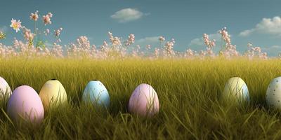 Easter background with decorated Easter eggs on a green meadow in the spring season. photo