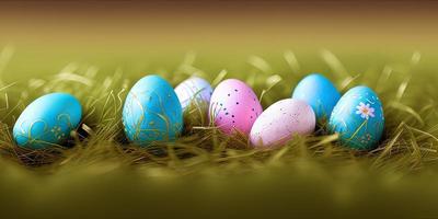 Easter background with decorated Easter eggs on a green meadow in the spring season. photo