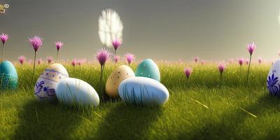 Easter background with decorated Easter eggs on a green meadow in the spring season. photo