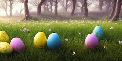 Easter background with decorated Easter eggs on a green meadow in the spring season. photo