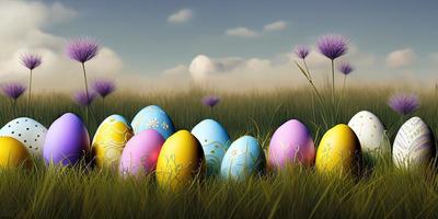 Easter background with decorated Easter eggs on a green meadow in the spring season. photo