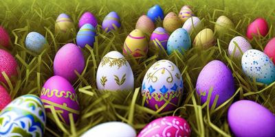 Easter background with decorated Easter eggs on a green meadow in the spring season. photo