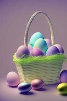 Festive Easter vertical poster template with colorful colorful eggs, website template. . Spring holiday. Easter eggs in a basket. Happy easter. Easter eggs set. photo