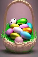 Festive Easter vertical poster template with colorful colorful eggs, website template. . Spring holiday. Easter eggs in a basket. Happy easter. Easter eggs set. photo