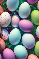 Festive Easter vertical poster template with colorful colorful eggs, website template. . Spring holiday. Easter eggs in a basket. Happy easter. Easter eggs set. photo