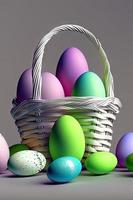 Festive Easter vertical poster template with colorful colorful eggs, website template. . Spring holiday. Easter eggs in a basket. Happy easter. Easter eggs set. photo