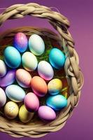 Festive Easter vertical poster template with colorful colorful eggs, website template. . Spring holiday. Easter eggs in a basket. Happy easter. Easter eggs set. photo