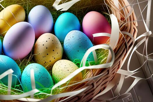 Festive Easter vertical poster template with colorful colorful eggs, website template. . Spring holiday. Easter eggs in a basket. Happy easter. Easter eggs set. photo
