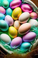Festive Easter vertical poster template with colorful colorful eggs, website template. . Spring holiday. Easter eggs in a basket. Happy easter. Easter eggs set. photo