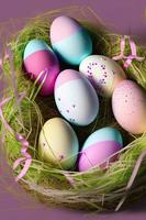 Festive Easter vertical poster template with colorful colorful eggs, website template. . Spring holiday. Easter eggs in a basket. Happy easter. Easter eggs set. photo