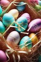 Festive Easter vertical poster template with colorful colorful eggs, website template. . Spring holiday. Easter eggs in a basket. Happy easter. Easter eggs set. photo