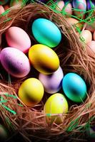 Festive Easter vertical poster template with colorful colorful eggs, website template. . Spring holiday. Easter eggs in a basket. Happy easter. Easter eggs set. photo