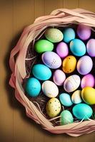 Festive Easter vertical poster template with colorful colorful eggs, website template. . Spring holiday. Easter eggs in a basket. Happy easter. Easter eggs set. photo