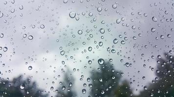 gotas de lluvia a ventana con borroso árbol antecedentes. el lluvioso estación. foto